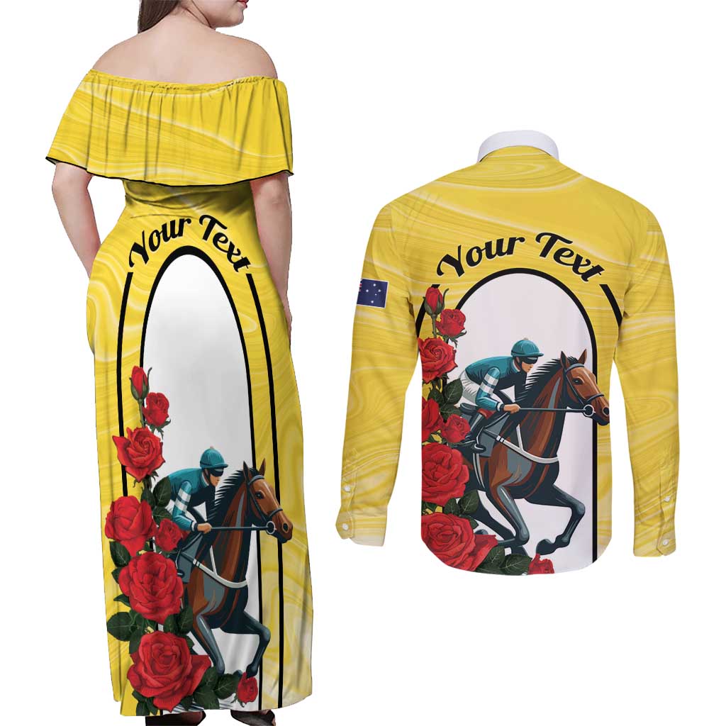 Personalised Melbourne Horse Racing Couples Matching Off Shoulder Maxi Dress and Long Sleeve Button Shirt The Race That Stops The Nation
