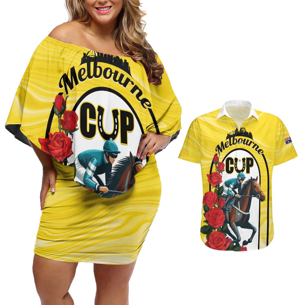Personalised Melbourne Horse Racing Couples Matching Off Shoulder Short Dress and Hawaiian Shirt The Race That Stops The Nation