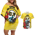 Personalised Melbourne Horse Racing Couples Matching Off Shoulder Short Dress and Hawaiian Shirt The Race That Stops The Nation