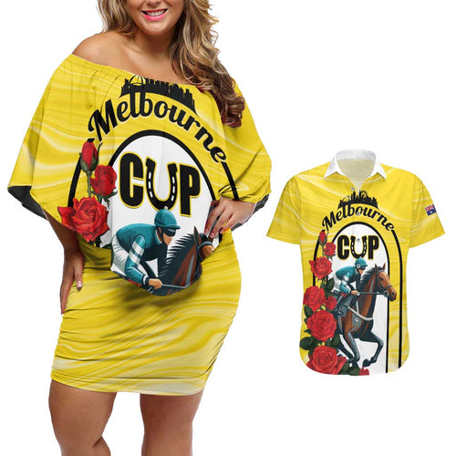 Personalised Melbourne Horse Racing Couples Matching Off Shoulder Short Dress and Hawaiian Shirt The Race That Stops The Nation