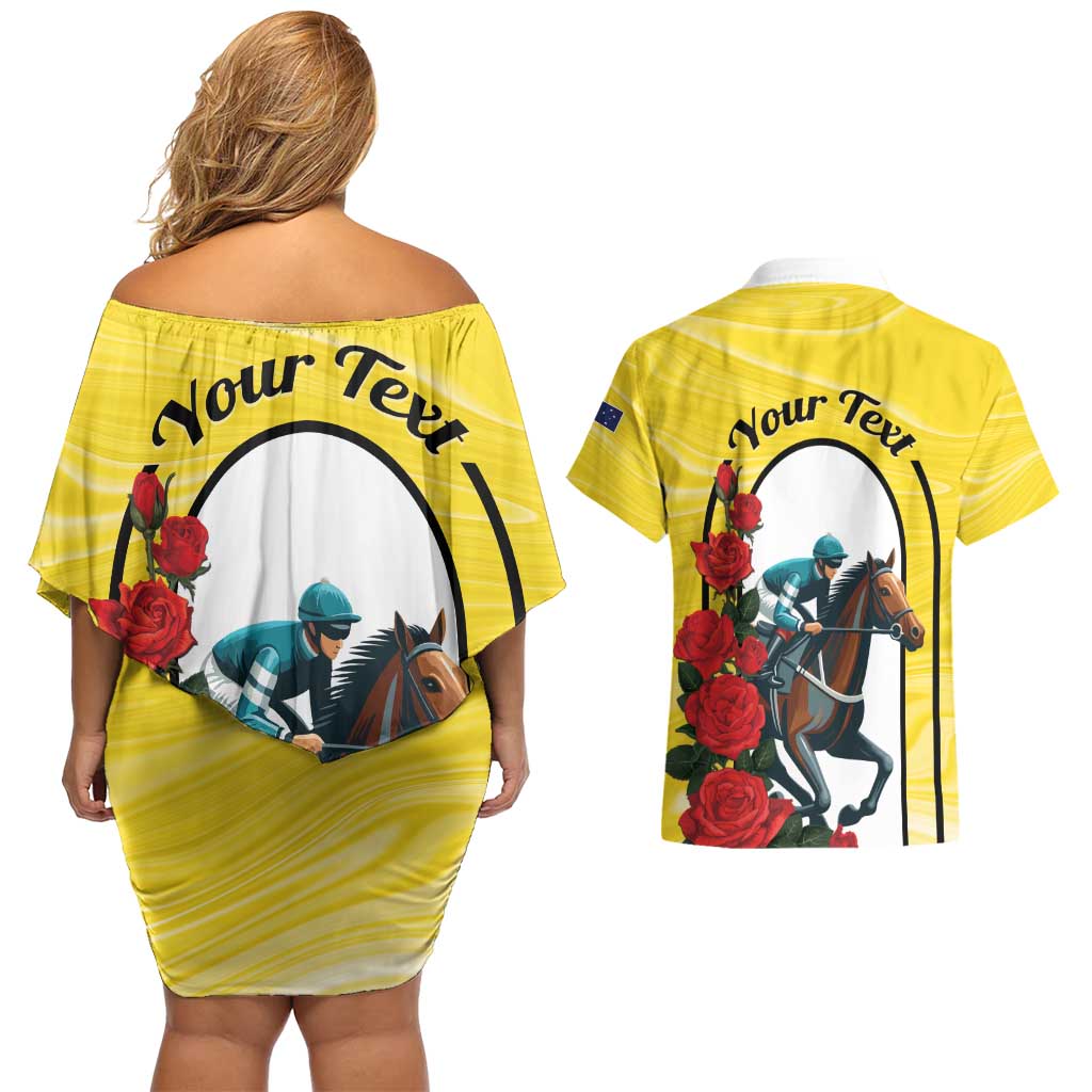 Personalised Melbourne Horse Racing Couples Matching Off Shoulder Short Dress and Hawaiian Shirt The Race That Stops The Nation