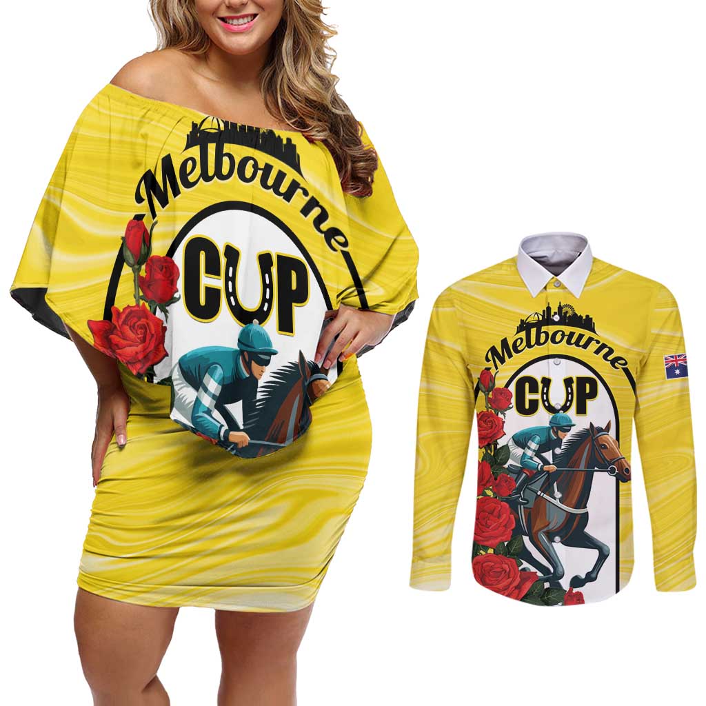 Personalised Melbourne Horse Racing Couples Matching Off Shoulder Short Dress and Long Sleeve Button Shirt The Race That Stops The Nation