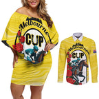 Personalised Melbourne Horse Racing Couples Matching Off Shoulder Short Dress and Long Sleeve Button Shirt The Race That Stops The Nation