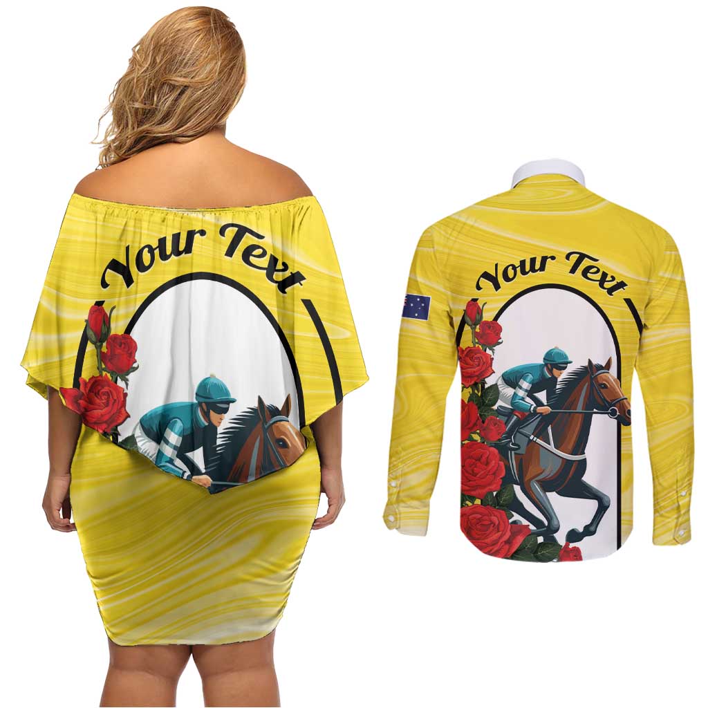 Personalised Melbourne Horse Racing Couples Matching Off Shoulder Short Dress and Long Sleeve Button Shirt The Race That Stops The Nation