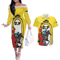 Personalised Melbourne Horse Racing Couples Matching Off The Shoulder Long Sleeve Dress and Hawaiian Shirt The Race That Stops The Nation