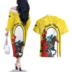 Personalised Melbourne Horse Racing Couples Matching Off The Shoulder Long Sleeve Dress and Hawaiian Shirt The Race That Stops The Nation