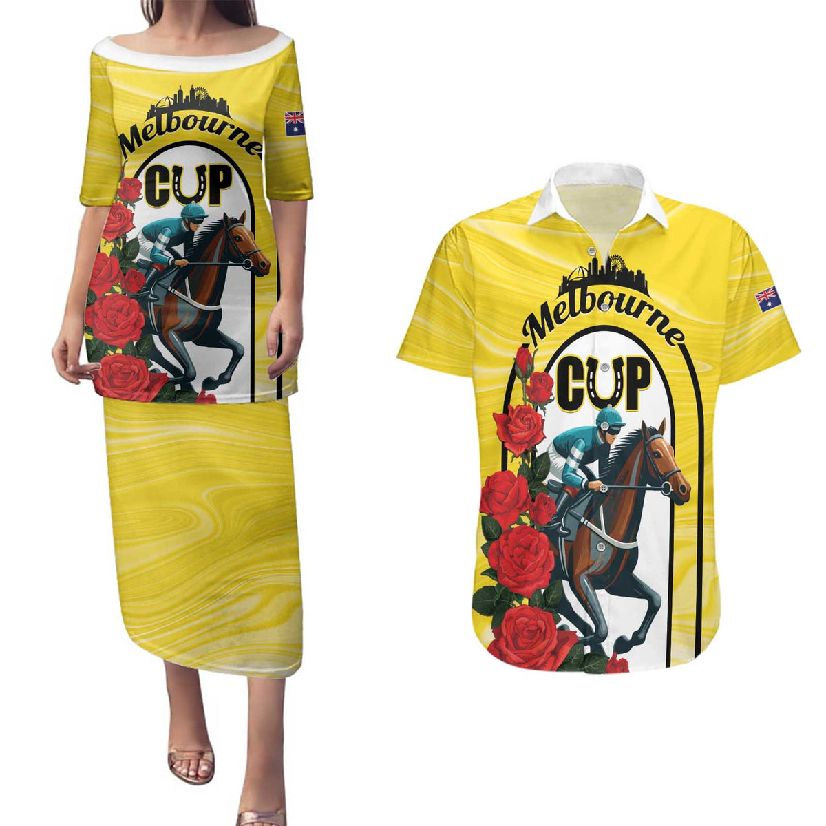 Personalised Melbourne Horse Racing Couples Matching Puletasi and Hawaiian Shirt The Race That Stops The Nation