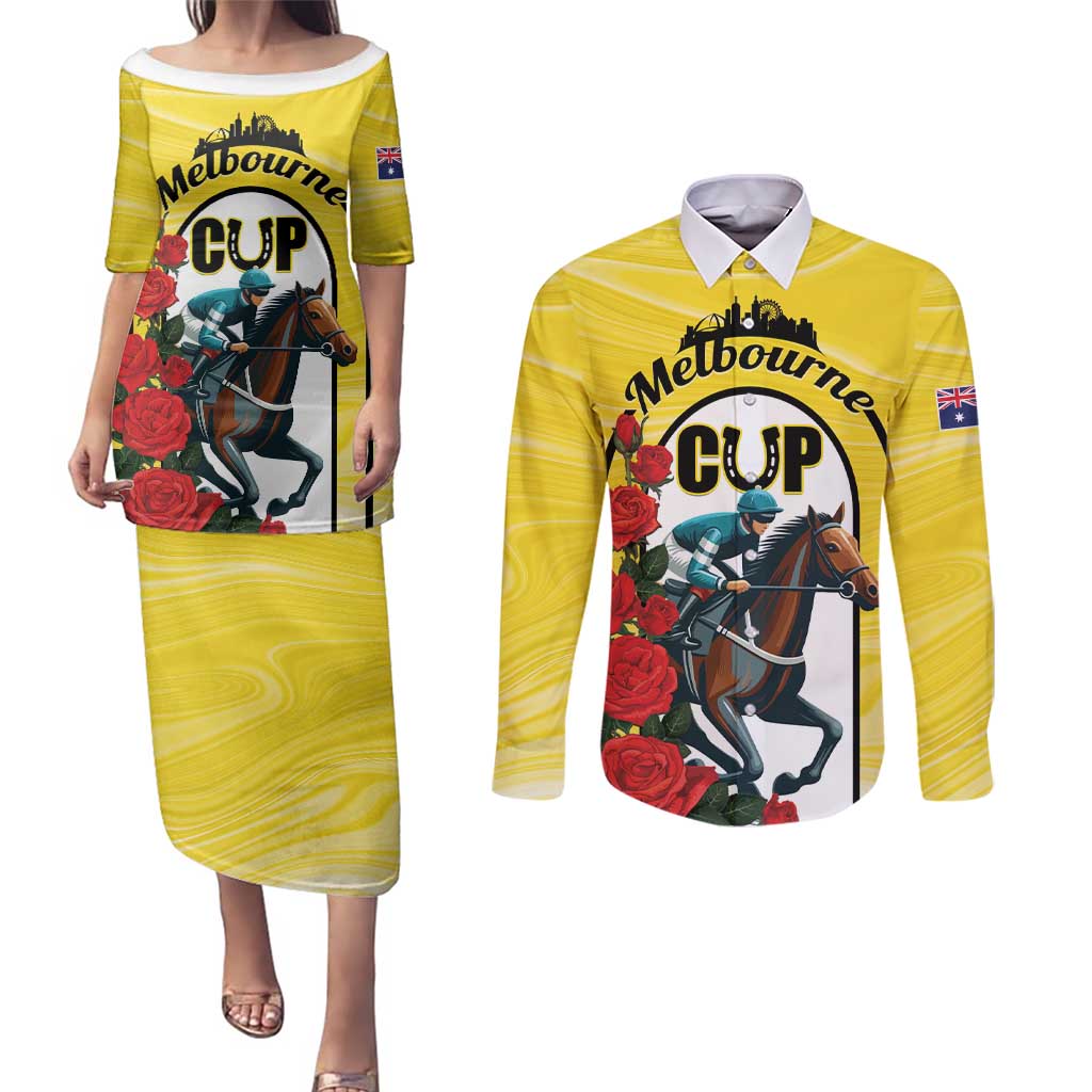 Personalised Melbourne Horse Racing Couples Matching Puletasi and Long Sleeve Button Shirt The Race That Stops The Nation