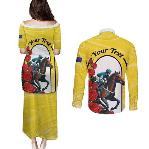 Personalised Melbourne Horse Racing Couples Matching Puletasi and Long Sleeve Button Shirt The Race That Stops The Nation