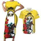 Personalised Melbourne Horse Racing Couples Matching Short Sleeve Bodycon Dress and Hawaiian Shirt The Race That Stops The Nation