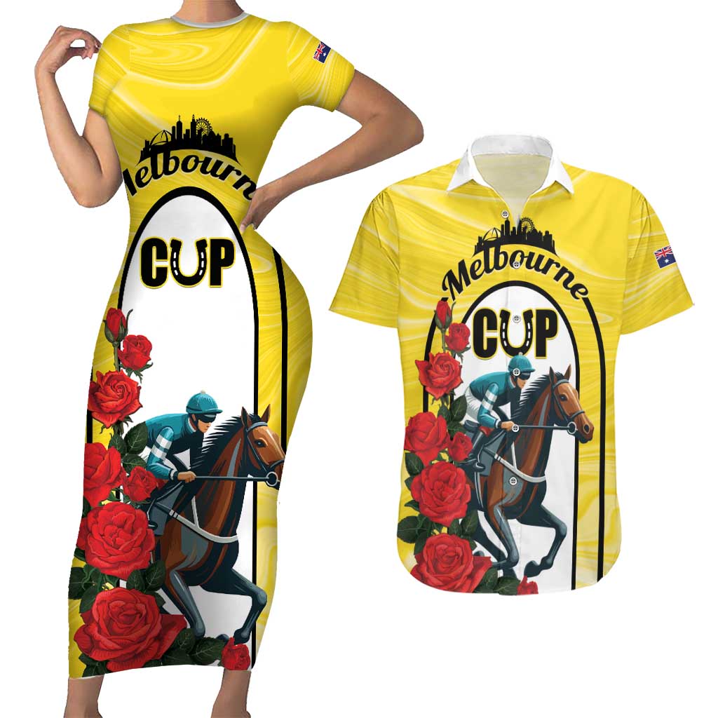 Personalised Melbourne Horse Racing Couples Matching Short Sleeve Bodycon Dress and Hawaiian Shirt The Race That Stops The Nation