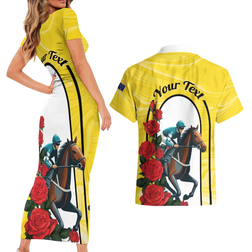 Personalised Melbourne Horse Racing Couples Matching Short Sleeve Bodycon Dress and Hawaiian Shirt The Race That Stops The Nation