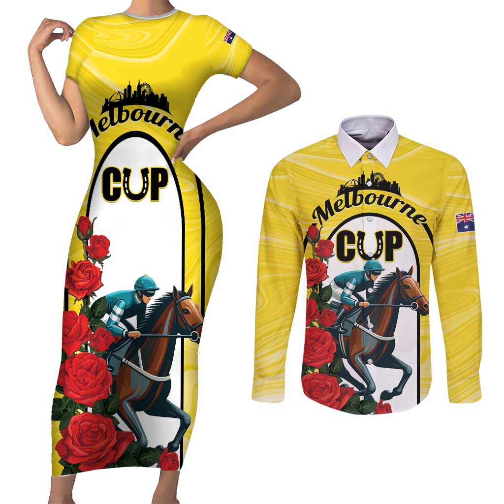 Personalised Melbourne Horse Racing Couples Matching Short Sleeve Bodycon Dress and Long Sleeve Button Shirt The Race That Stops The Nation