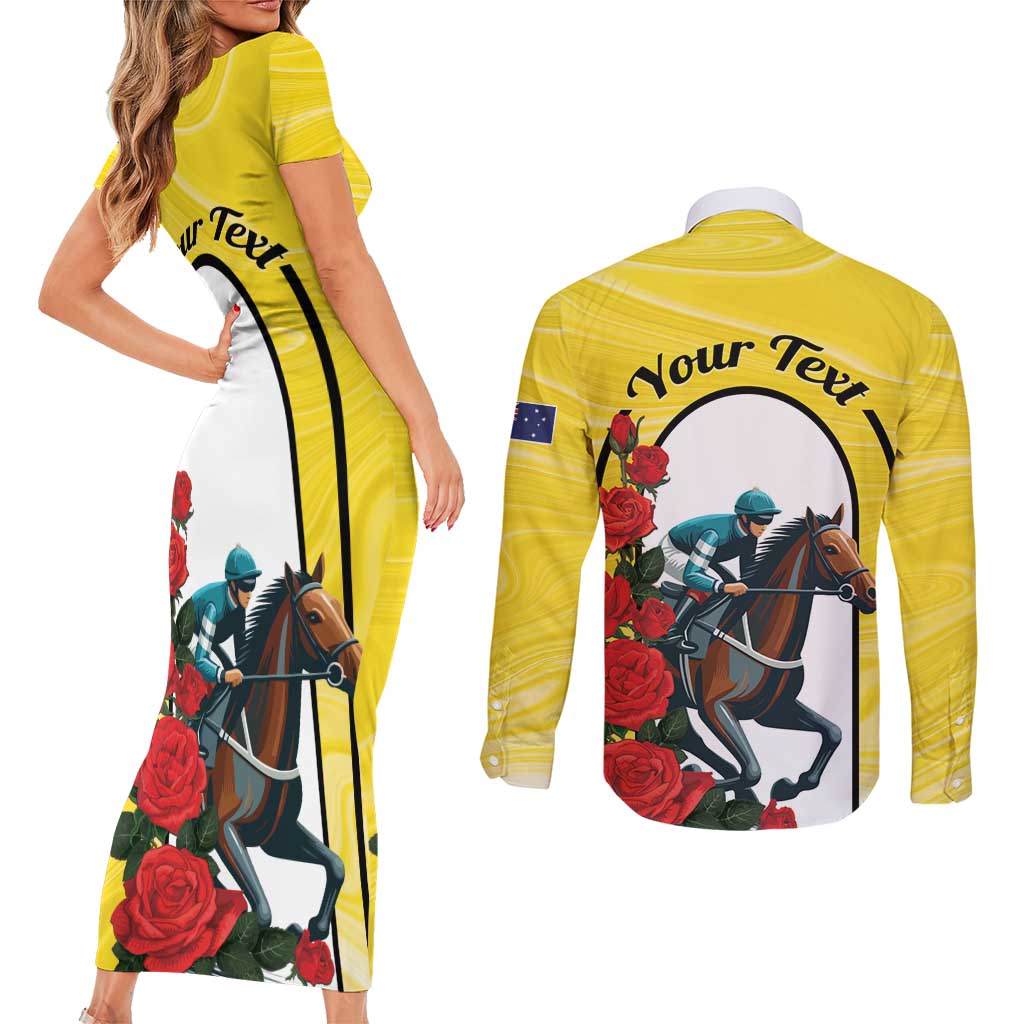 Personalised Melbourne Horse Racing Couples Matching Short Sleeve Bodycon Dress and Long Sleeve Button Shirt The Race That Stops The Nation