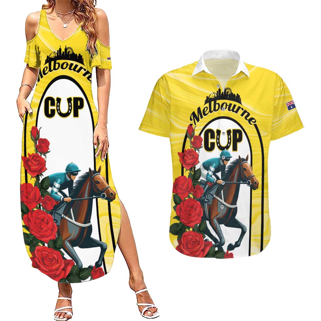 Personalised Melbourne Horse Racing Couples Matching Summer Maxi Dress and Hawaiian Shirt The Race That Stops The Nation
