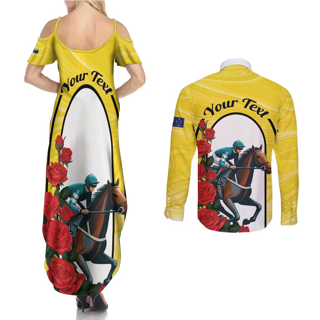 Personalised Melbourne Horse Racing Couples Matching Summer Maxi Dress and Long Sleeve Button Shirt The Race That Stops The Nation
