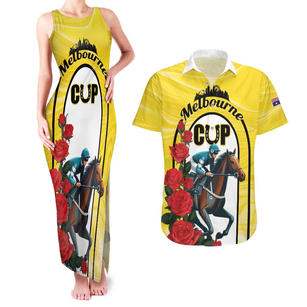 Personalised Melbourne Horse Racing Couples Matching Tank Maxi Dress and Hawaiian Shirt The Race That Stops The Nation