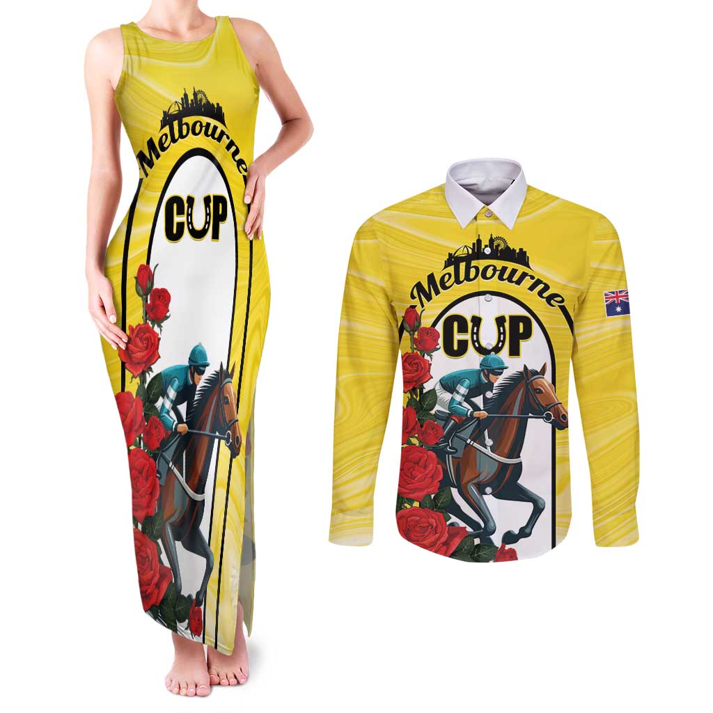 Personalised Melbourne Horse Racing Couples Matching Tank Maxi Dress and Long Sleeve Button Shirt The Race That Stops The Nation
