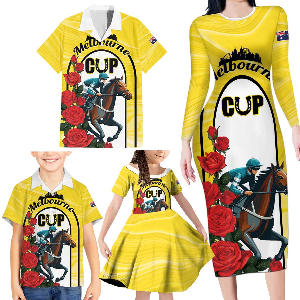 Personalised Melbourne Horse Racing Family Matching Long Sleeve Bodycon Dress and Hawaiian Shirt The Race That Stops The Nation