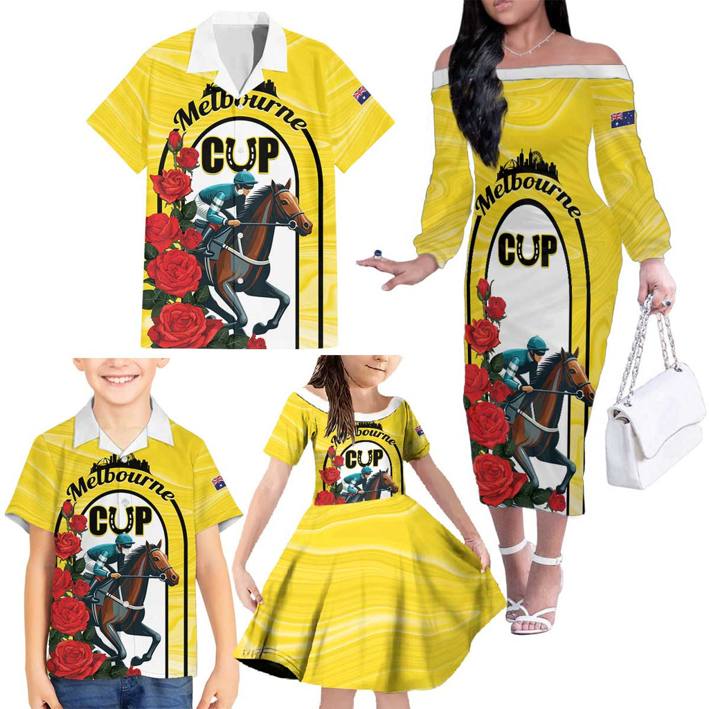 Personalised Melbourne Horse Racing Family Matching Off The Shoulder Long Sleeve Dress and Hawaiian Shirt The Race That Stops The Nation