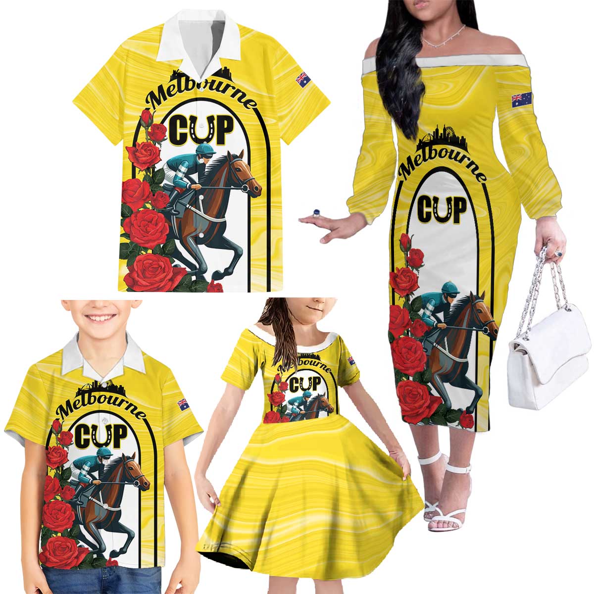Personalised Melbourne Horse Racing Family Matching Off The Shoulder Long Sleeve Dress and Hawaiian Shirt The Race That Stops The Nation