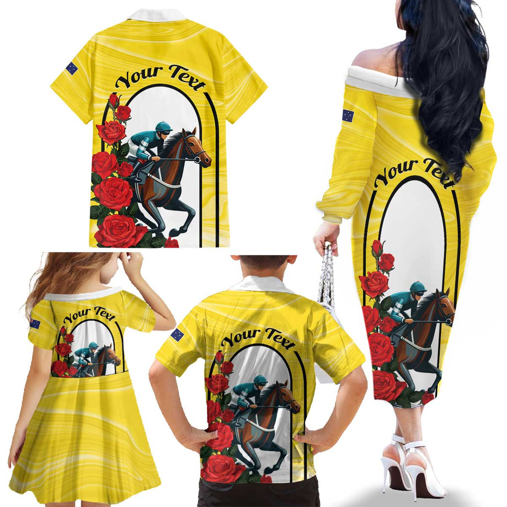 Personalised Melbourne Horse Racing Family Matching Off The Shoulder Long Sleeve Dress and Hawaiian Shirt The Race That Stops The Nation