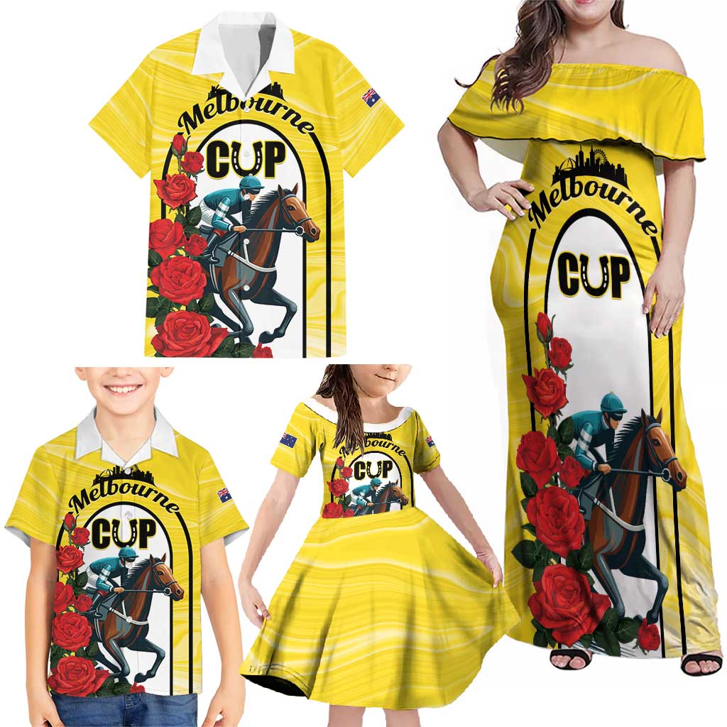 Personalised Melbourne Horse Racing Family Matching Off Shoulder Maxi Dress and Hawaiian Shirt The Race That Stops The Nation