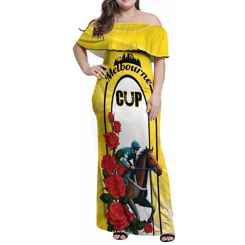 Personalised Melbourne Horse Racing Family Matching Off Shoulder Maxi Dress and Hawaiian Shirt The Race That Stops The Nation