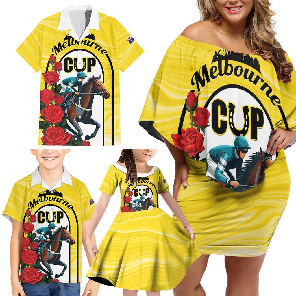 Personalised Melbourne Horse Racing Family Matching Off Shoulder Short Dress and Hawaiian Shirt The Race That Stops The Nation