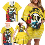 Personalised Melbourne Horse Racing Family Matching Off Shoulder Short Dress and Hawaiian Shirt The Race That Stops The Nation