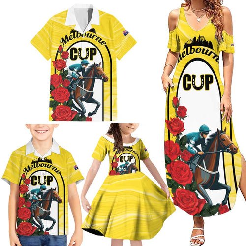 Personalised Melbourne Horse Racing Family Matching Summer Maxi Dress and Hawaiian Shirt The Race That Stops The Nation