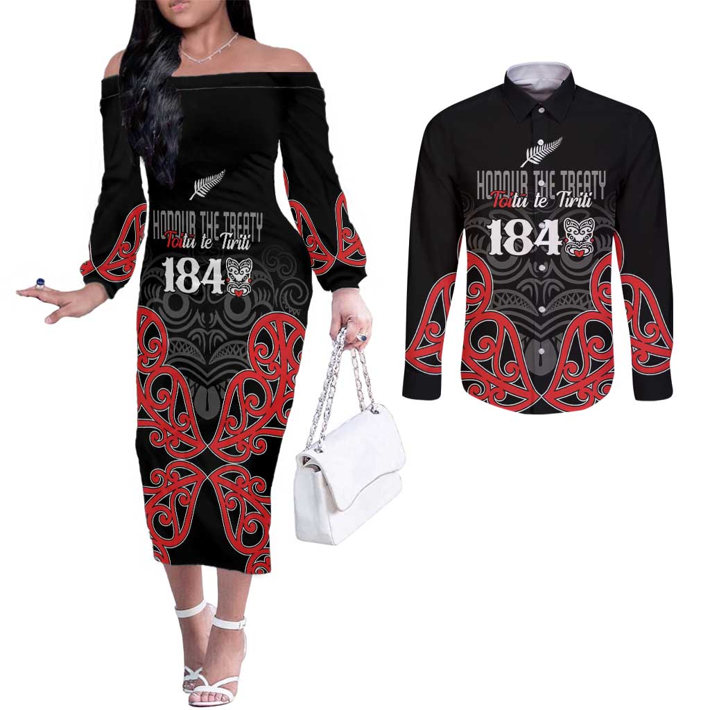 Toitu Te Tiriti 1840 Aotearoa Couples Matching Off The Shoulder Long Sleeve Dress and Long Sleeve Button Shirt Stand Together Stand Stronger