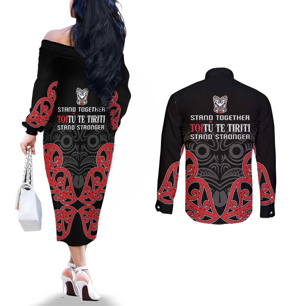 Toitu Te Tiriti 1840 Aotearoa Couples Matching Off The Shoulder Long Sleeve Dress and Long Sleeve Button Shirt Stand Together Stand Stronger