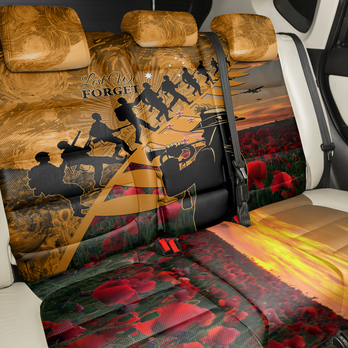ANZAC Day 2024 Back Car Seat Cover Silver Fern With A Trumpet Soldier