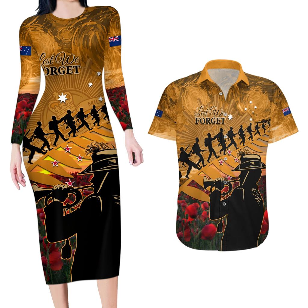ANZAC Day 2024 Couples Matching Long Sleeve Bodycon Dress and Hawaiian Shirt Silver Fern With A Trumpet Soldier