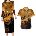 ANZAC Day 2024 Couples Matching Long Sleeve Bodycon Dress and Hawaiian Shirt Silver Fern With A Trumpet Soldier