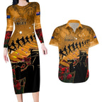ANZAC Day 2024 Couples Matching Long Sleeve Bodycon Dress and Hawaiian Shirt Silver Fern With A Trumpet Soldier