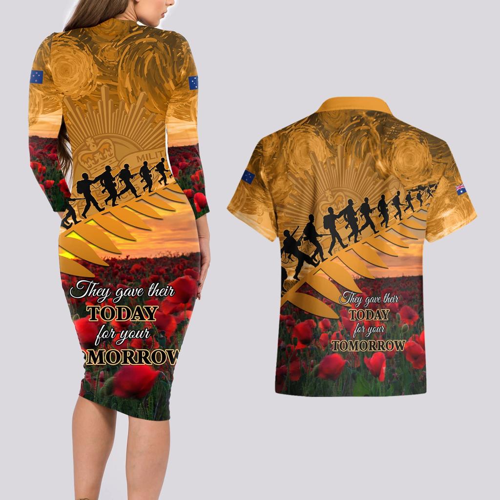 ANZAC Day 2024 Couples Matching Long Sleeve Bodycon Dress and Hawaiian Shirt Silver Fern With A Trumpet Soldier