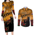ANZAC Day 2024 Couples Matching Long Sleeve Bodycon Dress and Long Sleeve Button Shirt Silver Fern With A Trumpet Soldier