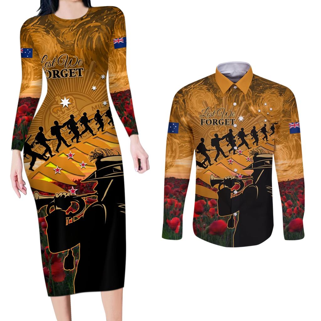 ANZAC Day 2024 Couples Matching Long Sleeve Bodycon Dress and Long Sleeve Button Shirt Silver Fern With A Trumpet Soldier