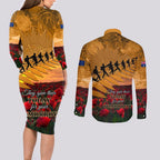 ANZAC Day 2024 Couples Matching Long Sleeve Bodycon Dress and Long Sleeve Button Shirt Silver Fern With A Trumpet Soldier