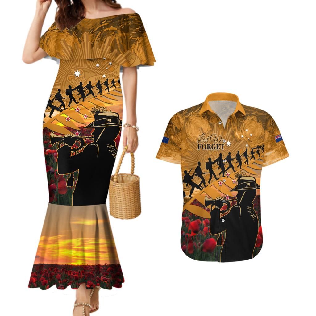 ANZAC Day 2024 Couples Matching Mermaid Dress and Hawaiian Shirt Silver Fern With A Trumpet Soldier