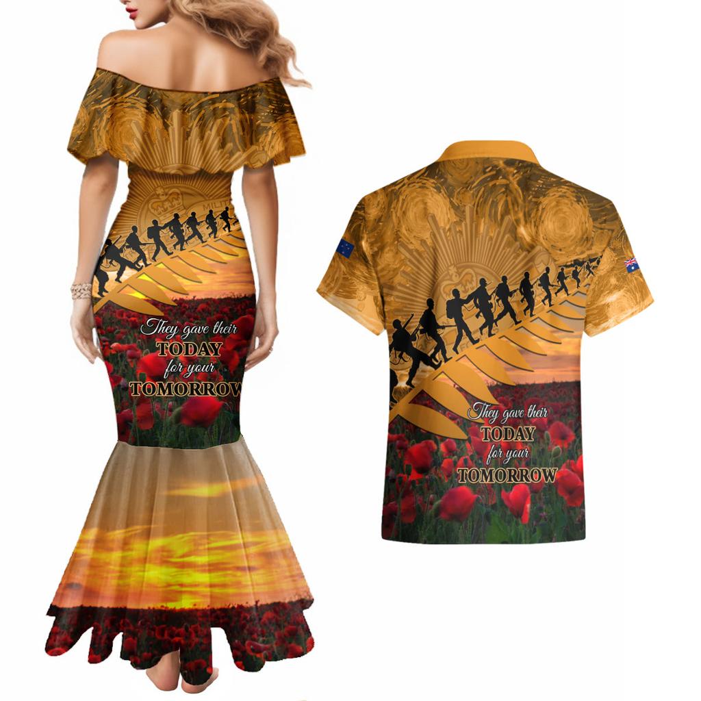 ANZAC Day 2024 Couples Matching Mermaid Dress and Hawaiian Shirt Silver Fern With A Trumpet Soldier