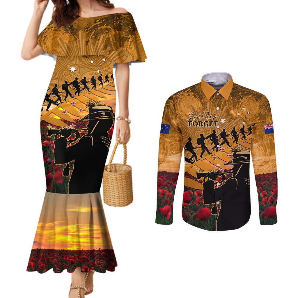 ANZAC Day 2024 Couples Matching Mermaid Dress and Long Sleeve Button Shirt Silver Fern With A Trumpet Soldier
