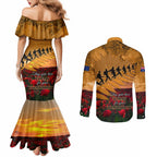 ANZAC Day 2024 Couples Matching Mermaid Dress and Long Sleeve Button Shirt Silver Fern With A Trumpet Soldier