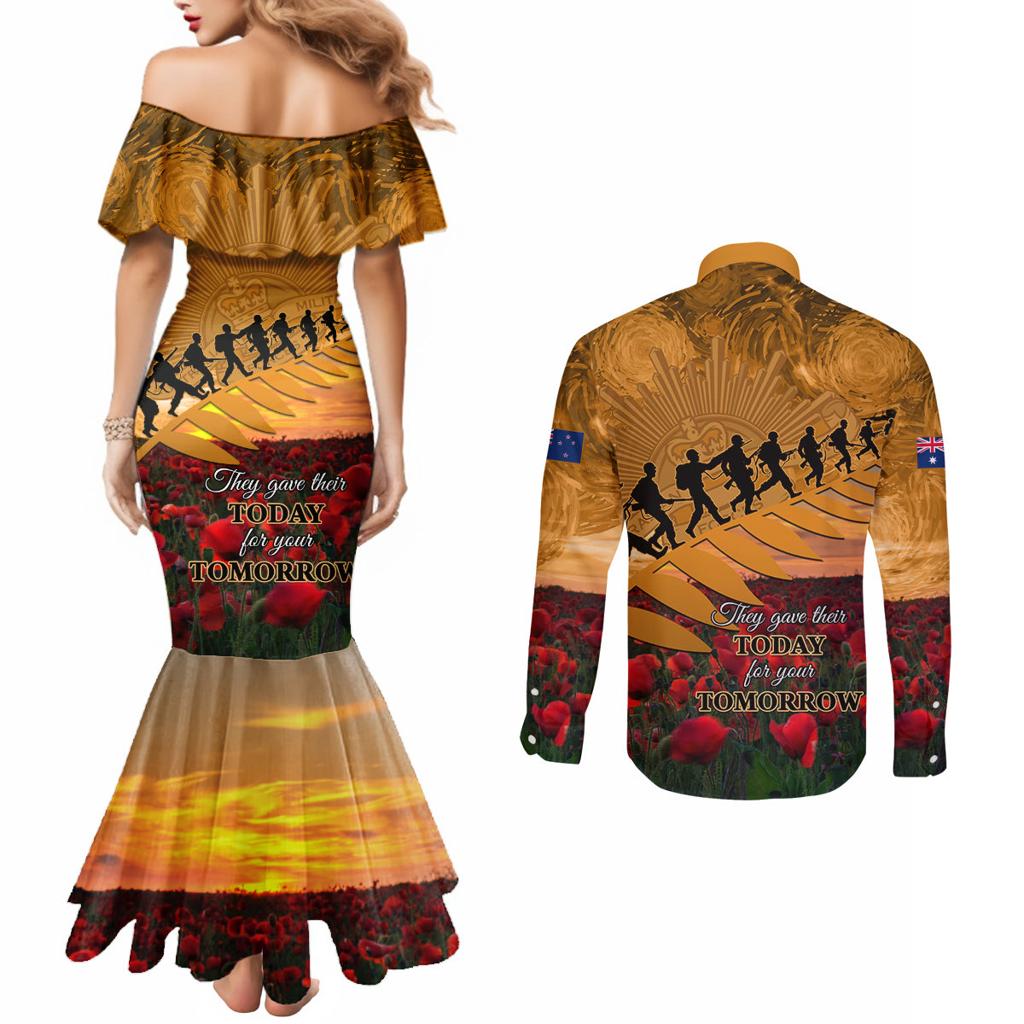 ANZAC Day 2024 Couples Matching Mermaid Dress and Long Sleeve Button Shirt Silver Fern With A Trumpet Soldier