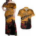 ANZAC Day 2024 Couples Matching Off Shoulder Maxi Dress and Hawaiian Shirt Silver Fern With A Trumpet Soldier