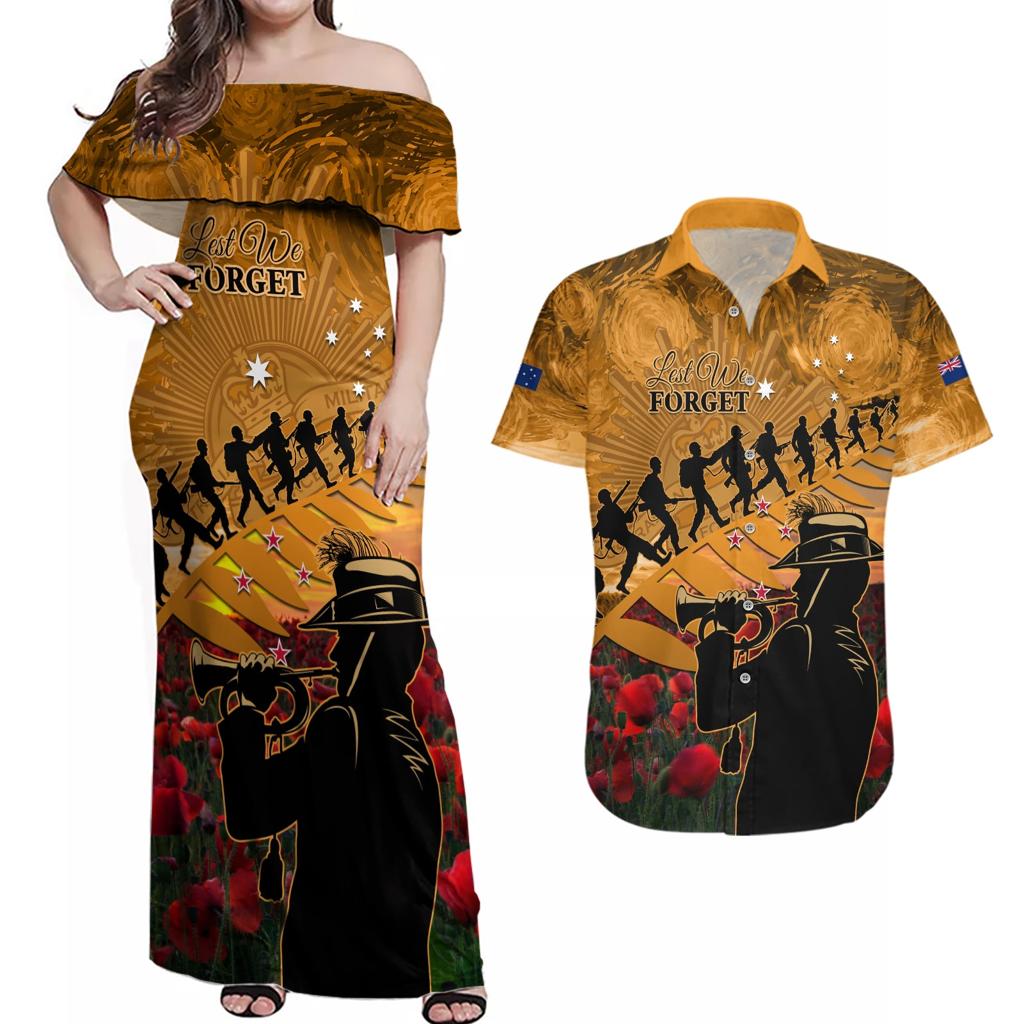 ANZAC Day 2024 Couples Matching Off Shoulder Maxi Dress and Hawaiian Shirt Silver Fern With A Trumpet Soldier