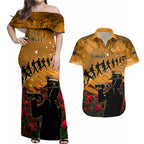 ANZAC Day 2024 Couples Matching Off Shoulder Maxi Dress and Hawaiian Shirt Silver Fern With A Trumpet Soldier