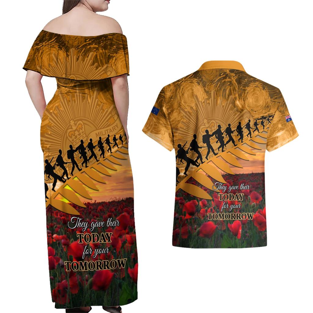 ANZAC Day 2024 Couples Matching Off Shoulder Maxi Dress and Hawaiian Shirt Silver Fern With A Trumpet Soldier